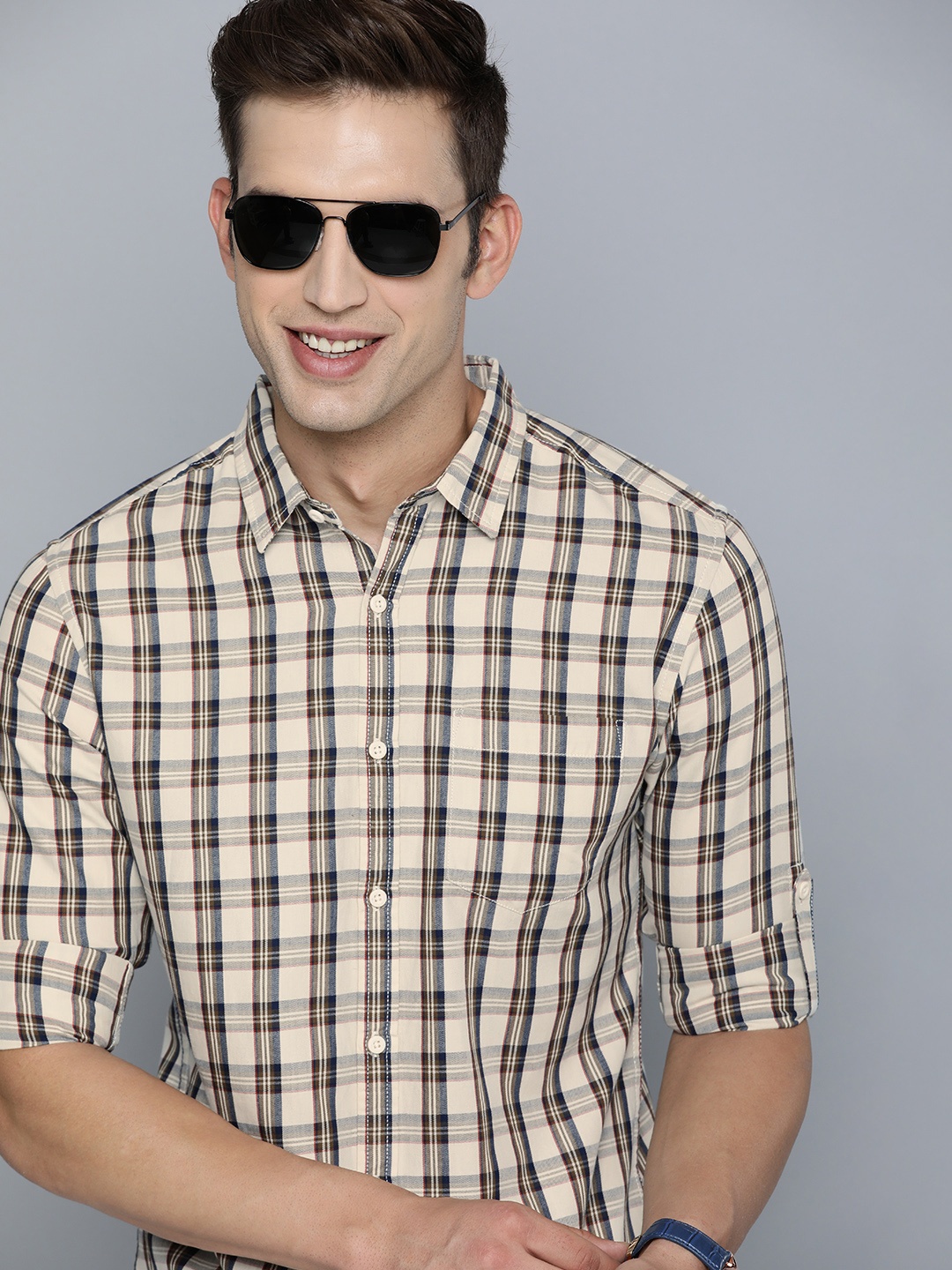 

HERE&NOW Men Pure Cotton Slim Fit Tartan Checks Casual Shirt, Beige