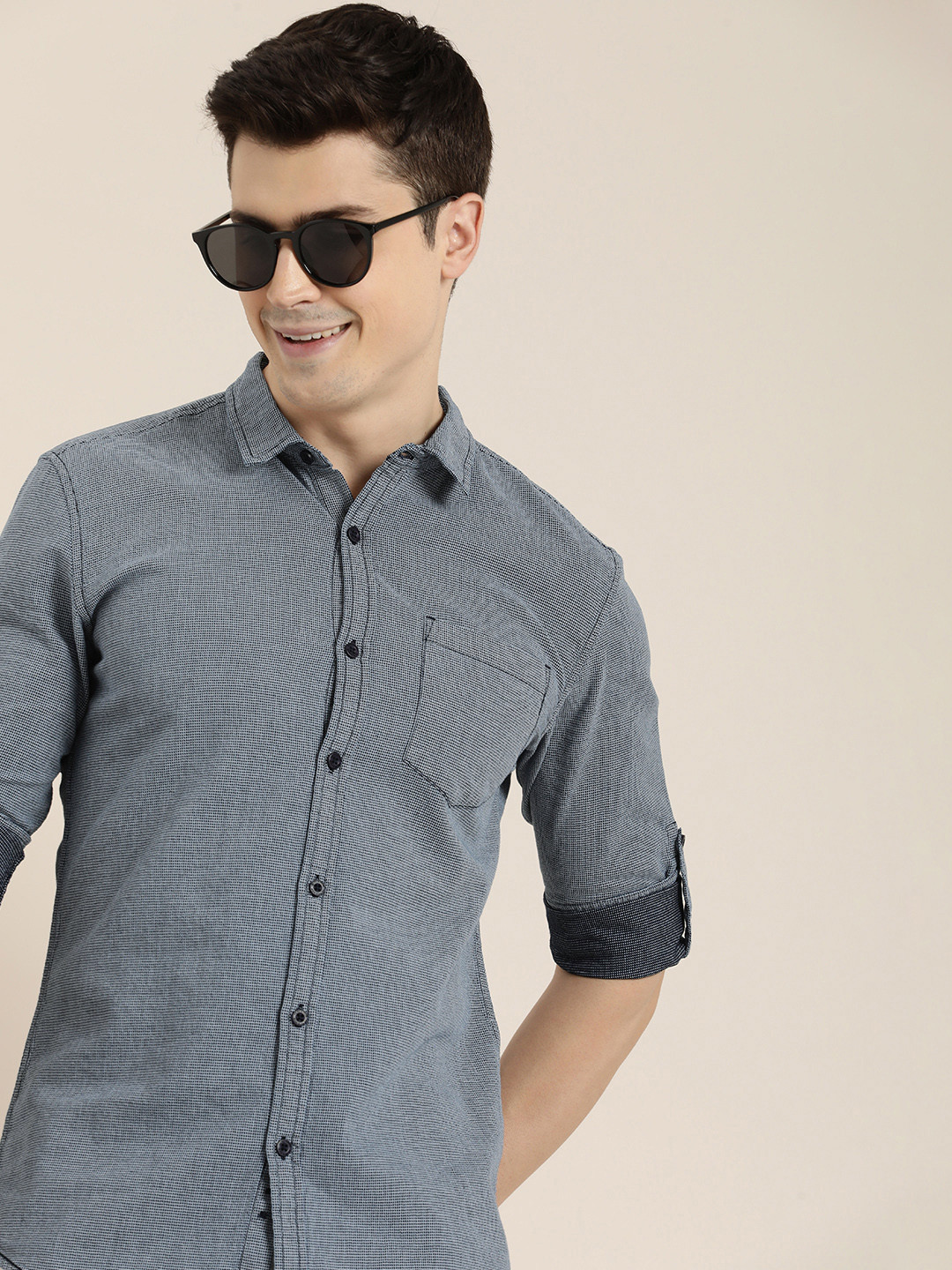 

HERE&NOW Self Design Slim Fit Pure Cotton Casual Shirt, Navy blue
