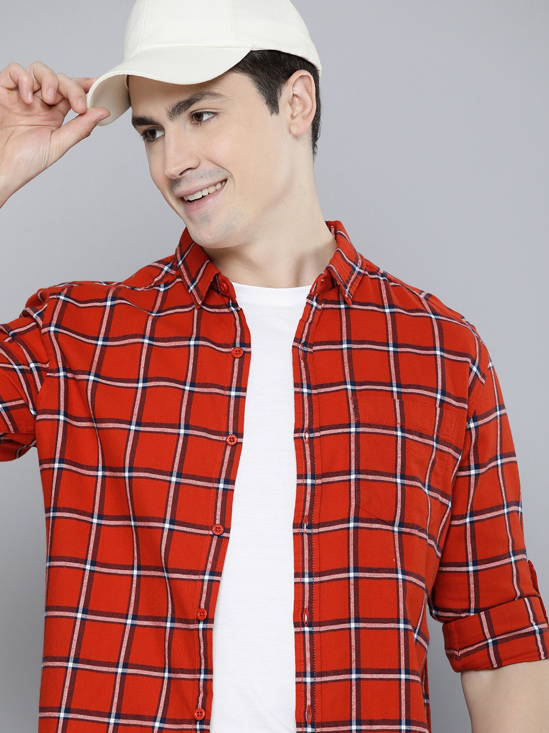 

HERE&NOW Slim Fit Checked Pure Cotton Casual Shirt, Red