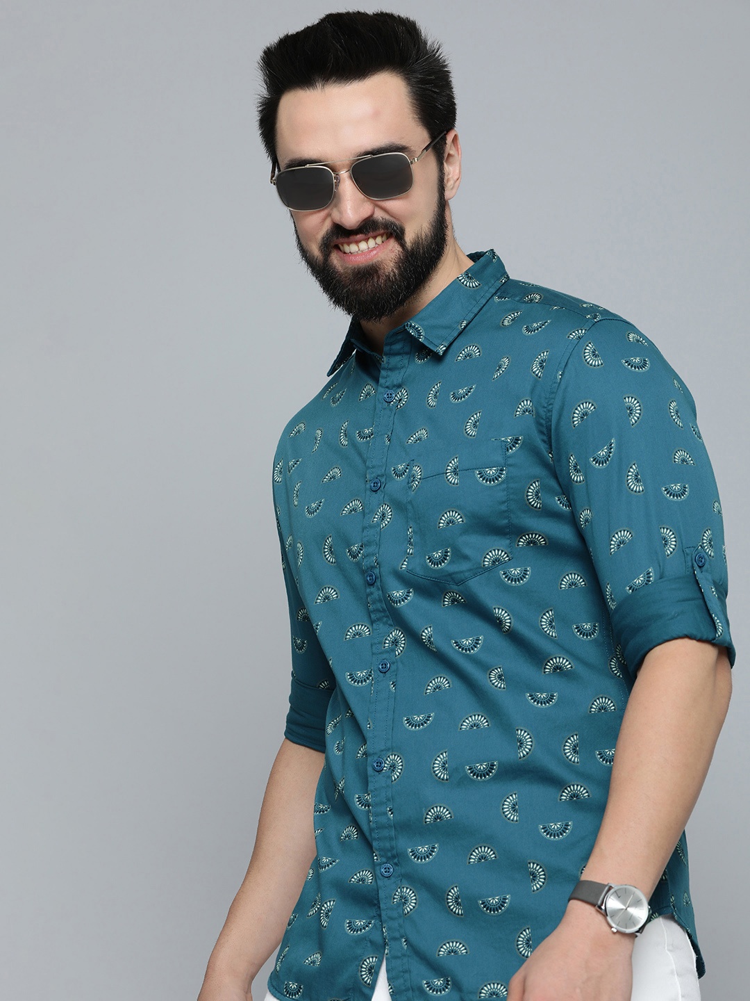 

HERE&NOW Slim Fit Ethnic Motifs Printed Pure Cotton Casual Shirt, Teal