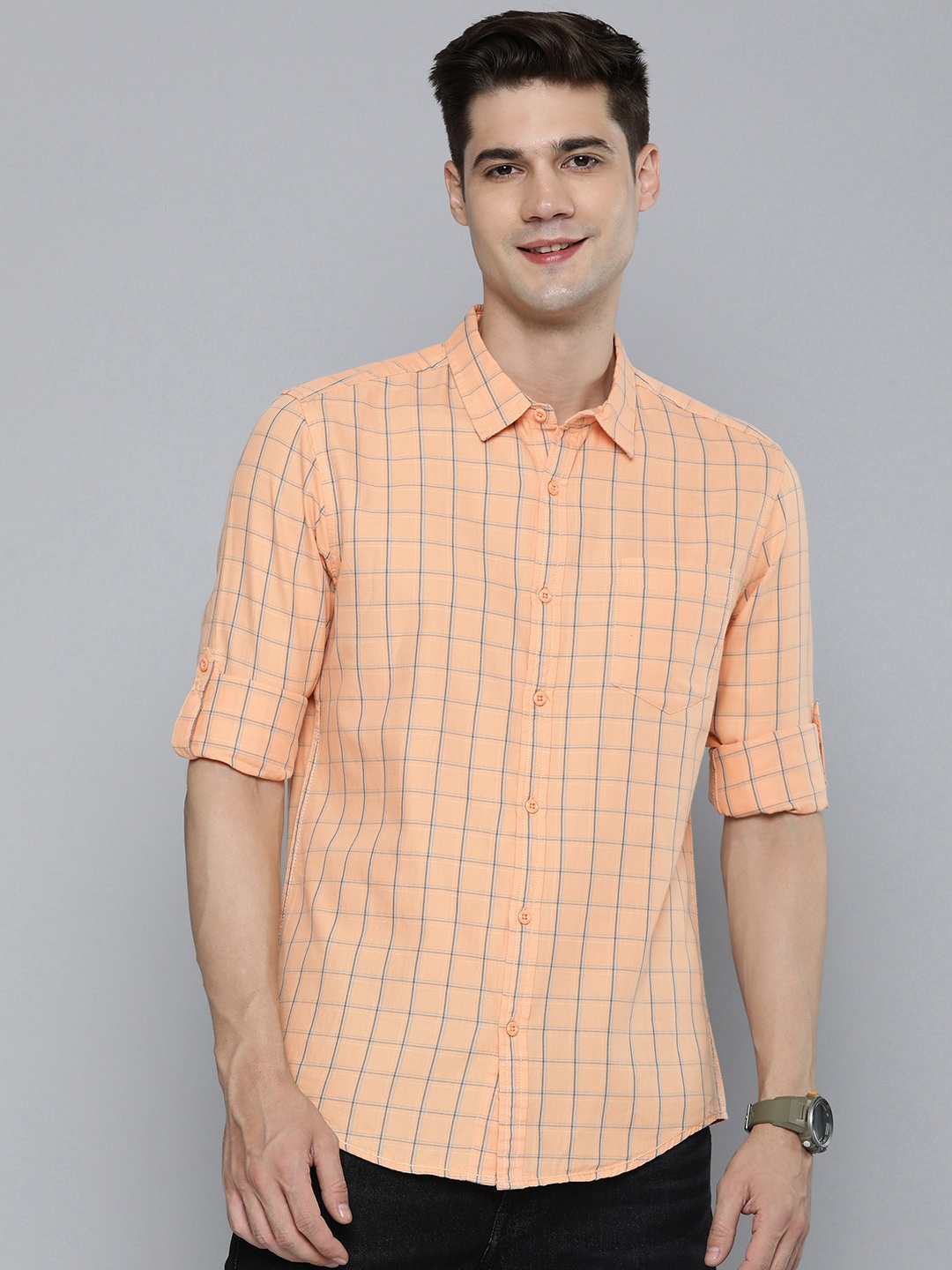 

HERE&NOW Pure Cotton Slim Fit Grid Tattersall Checked Casual Shirt, Orange