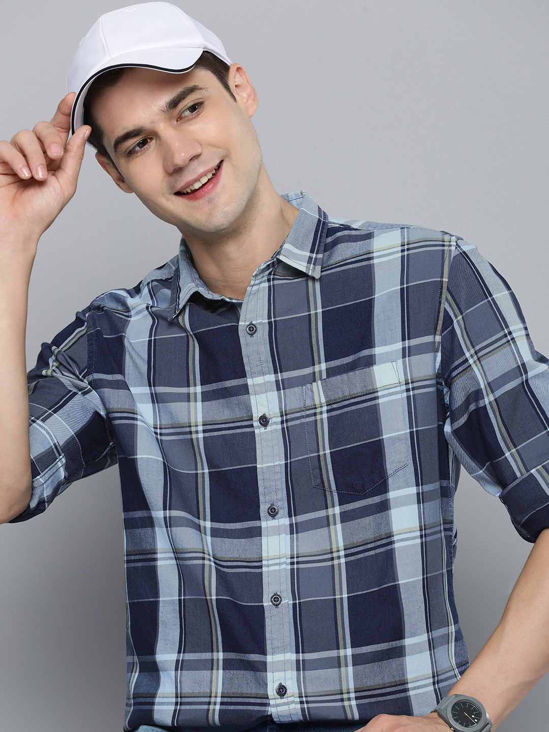

HERE&NOW Pure Cotton Slim Fit Tartan Checked Casual Shirt, Navy blue