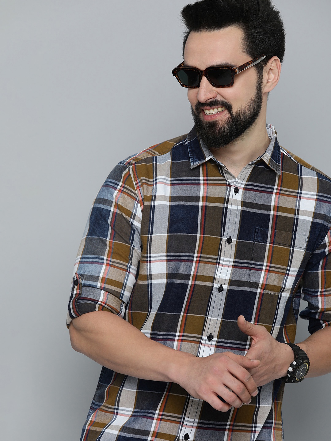 

HERE&NOW Slim Fit Checked Pure Cotton Casual Shirt, Brown
