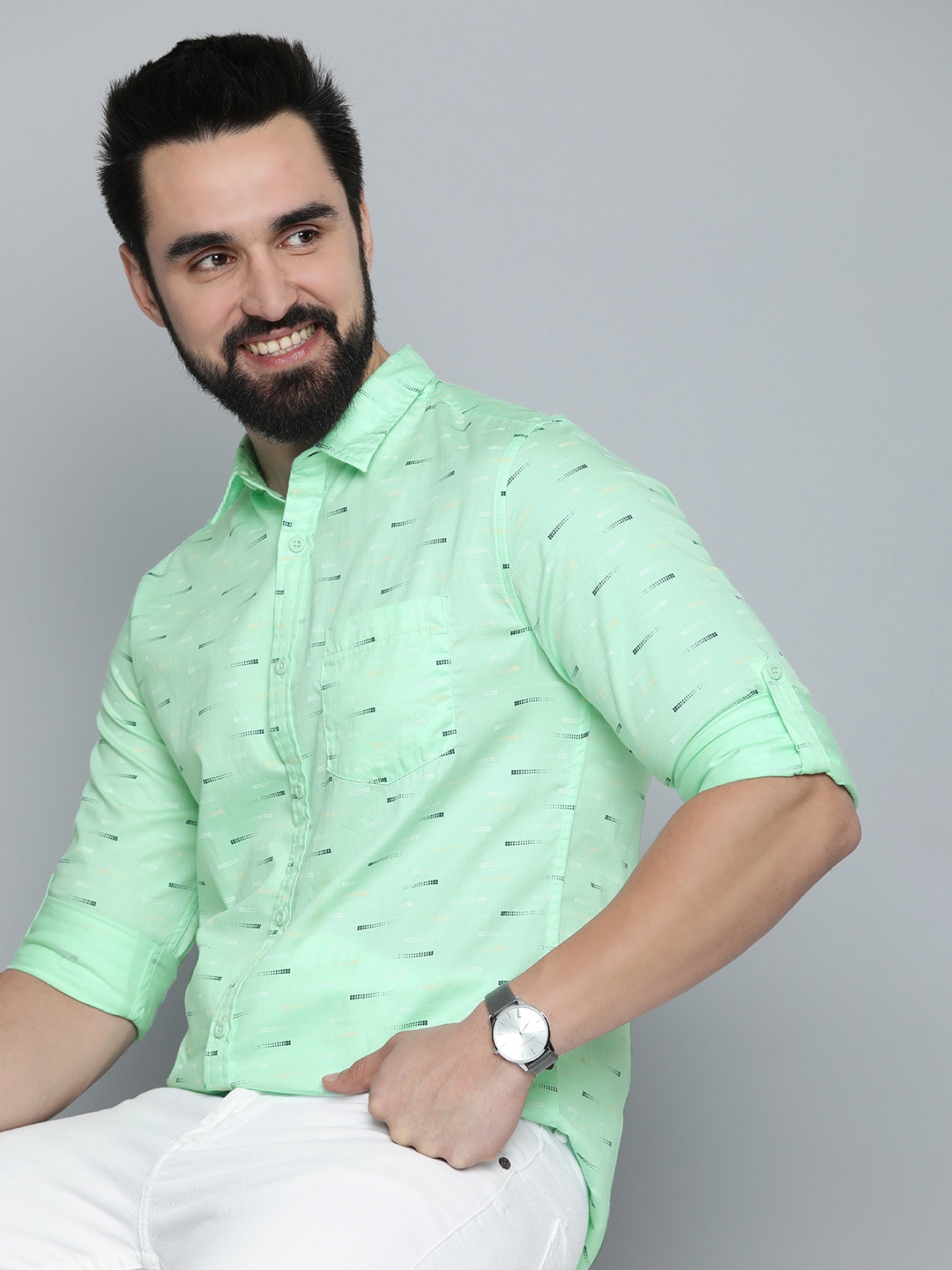 

HERE&NOW Slim Fit Geometric Printed Pure Cotton Casual Shirt, Green