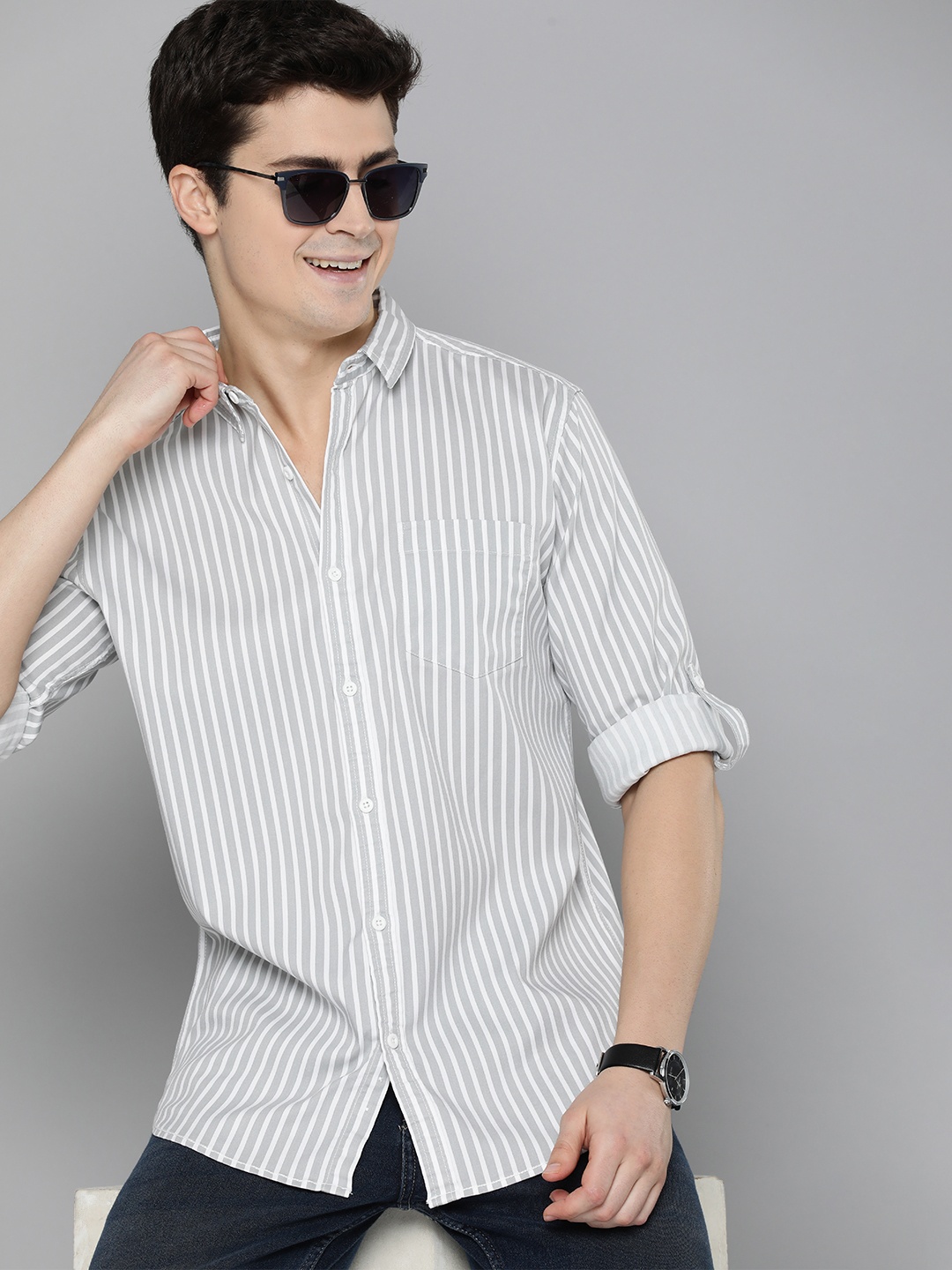 

HERE&NOW Slim Fit Striped Casual Shirt, Grey