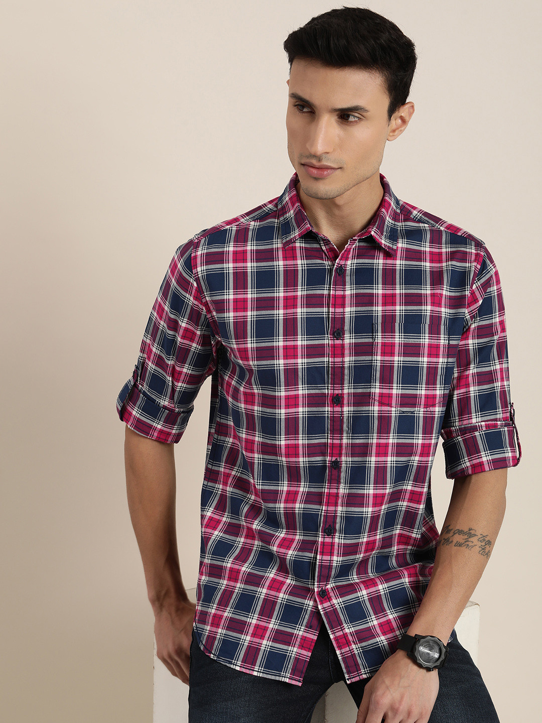 

Moda Rapido Men Pure Cotton Slim Fit Tartan Checks Casual Shirt, Navy blue