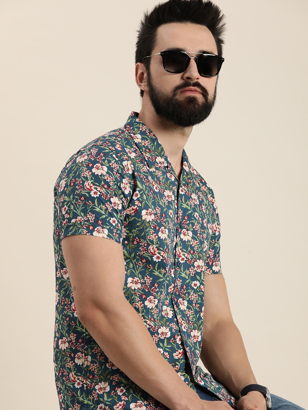 

Moda Rapido Men Pure Cotton Slim Fit Floral Printed Casual Shirt, Teal