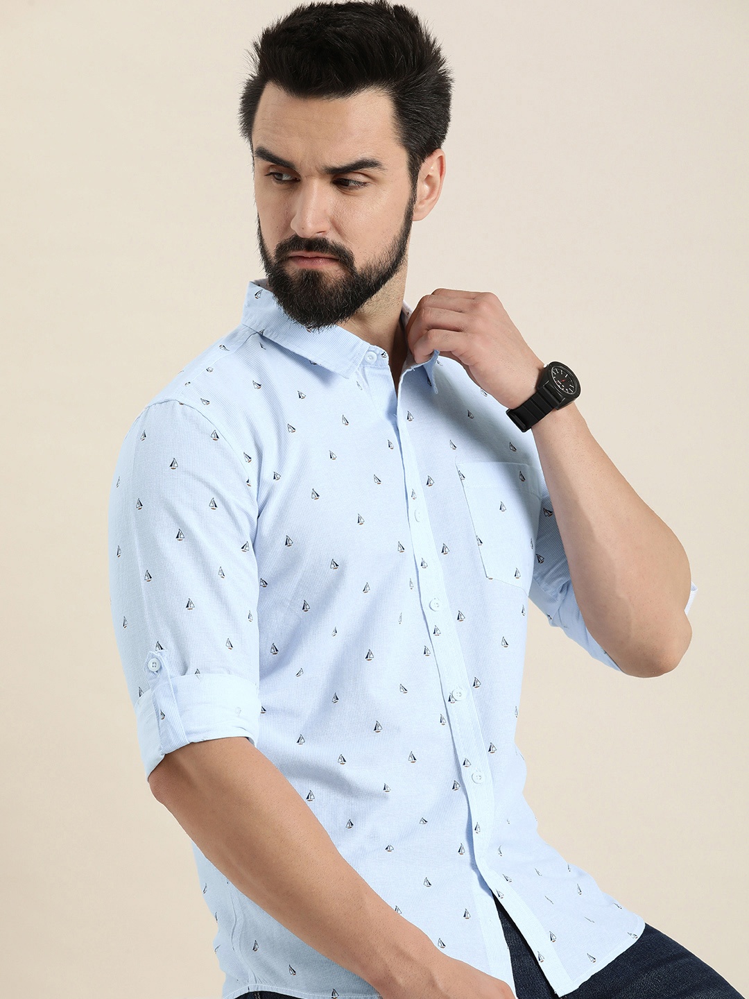 

Moda Rapido Men Pure Cotton Slim Fit Striped & Nautical Print Casual Shirt, Blue