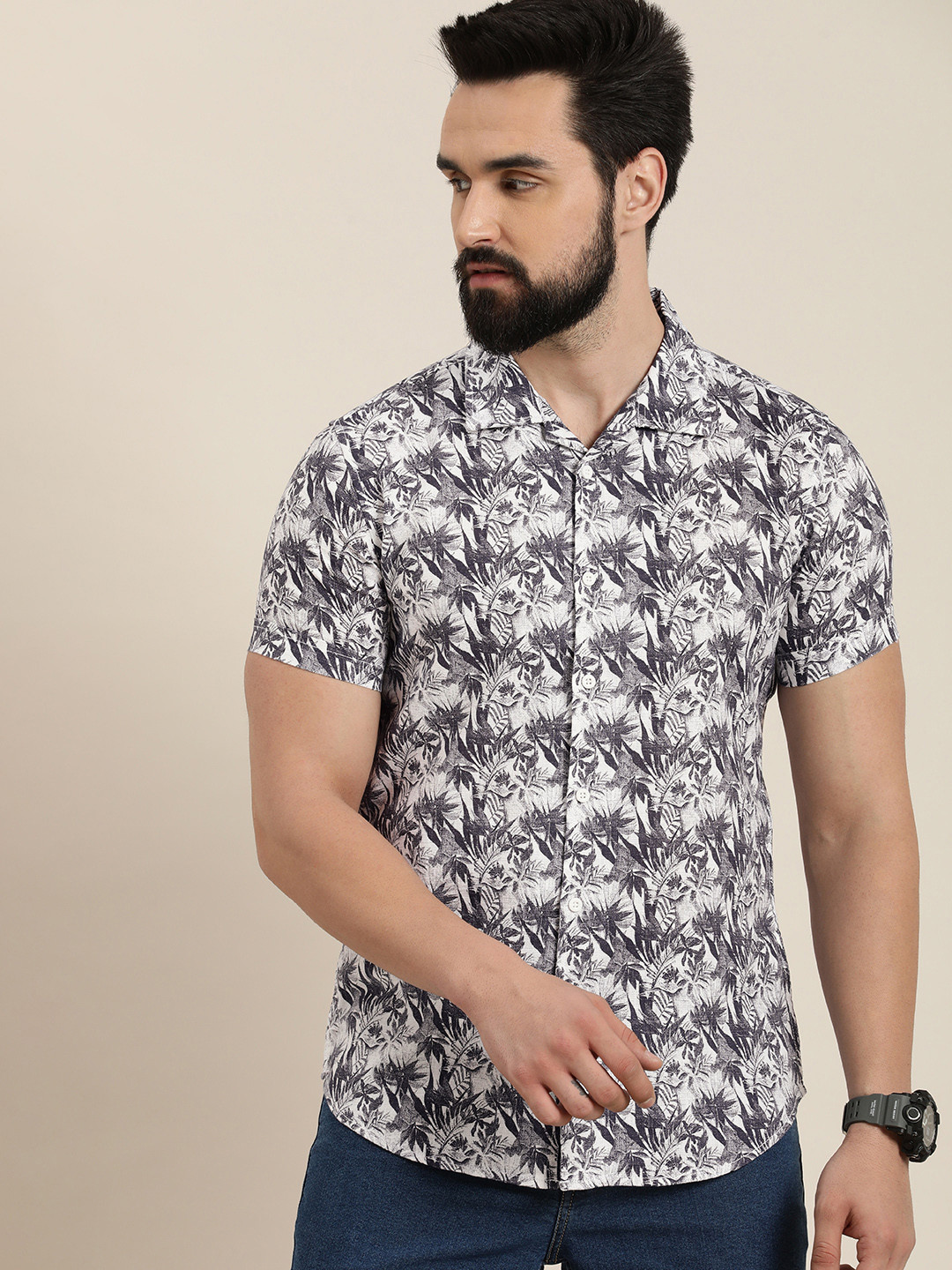

Moda Rapido Slim Fit Tropical Printed Pure Cotton Casual Shirt, Grey
