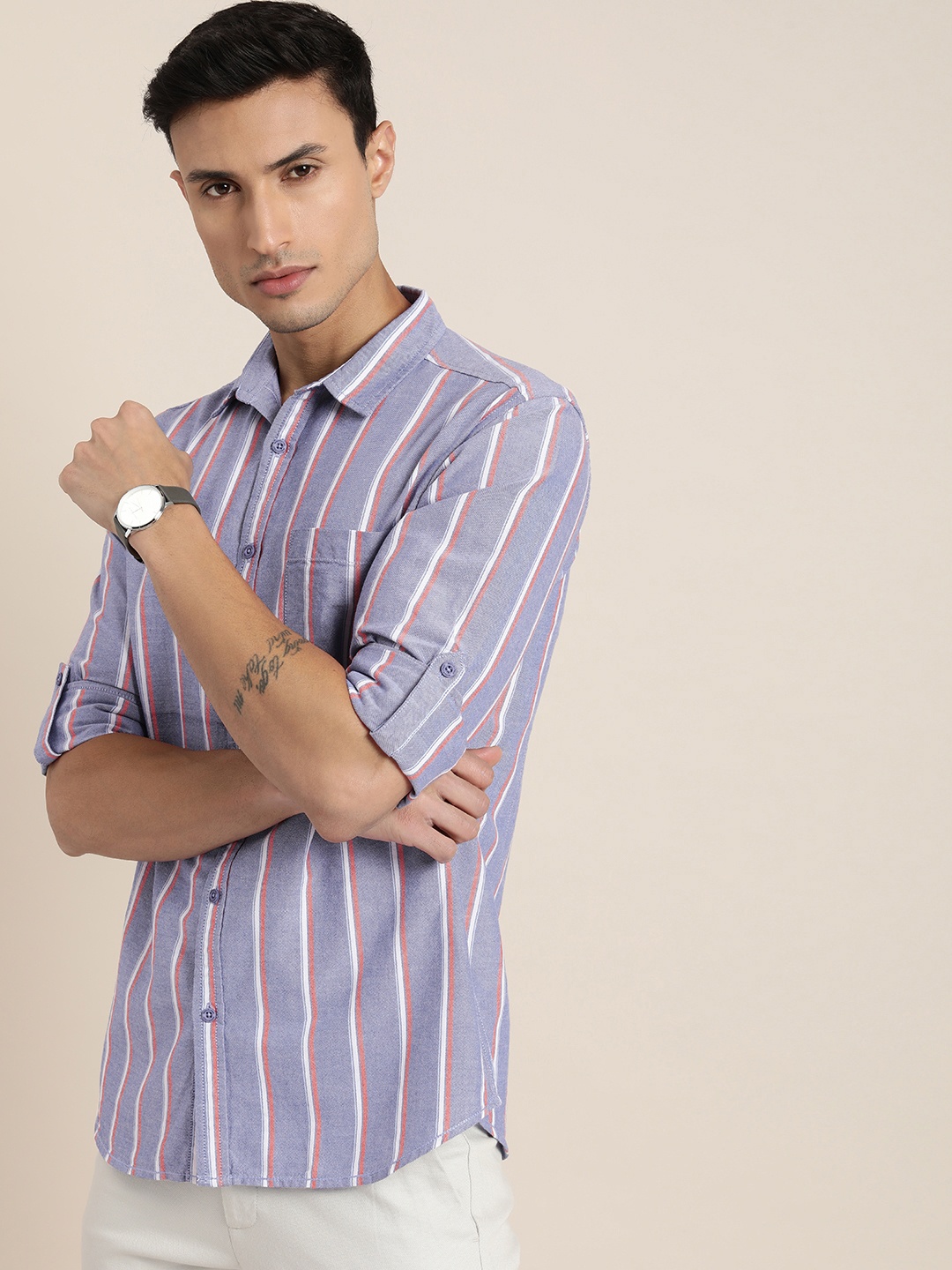 

Moda Rapido Men Pure Cotton Slim Fit Striped Casual Shirt, Blue