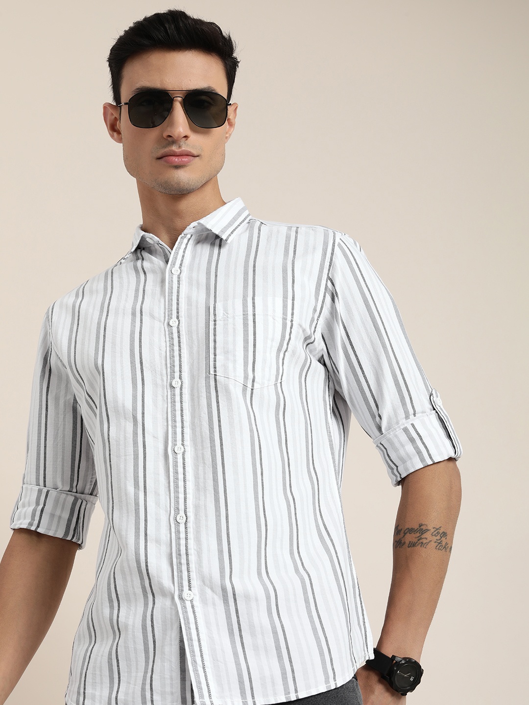 

Moda Rapido Men Pure Cotton Slim Fit Striped Casual Shirt, White
