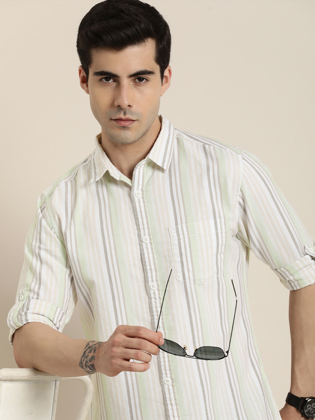 

Moda Rapido Slim Fit Pure Cotton Striped Casual Shirt, Green
