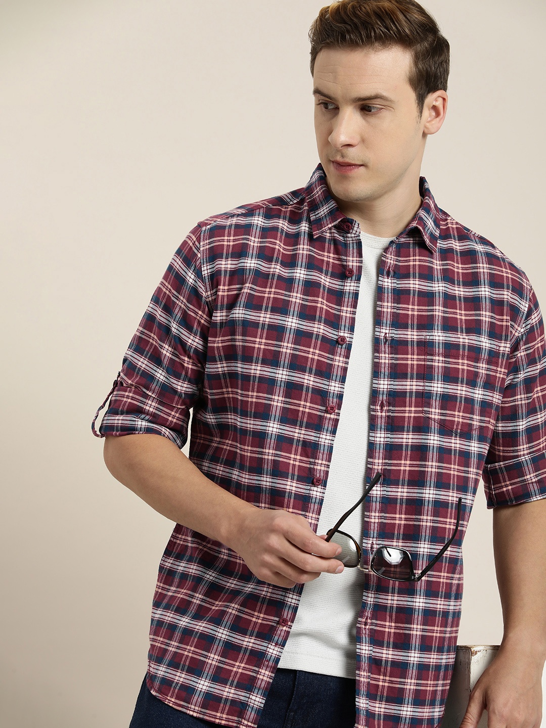 

Moda Rapido Men Pure Cotton Slim Fit Tartan Checks Casual Shirt, Maroon