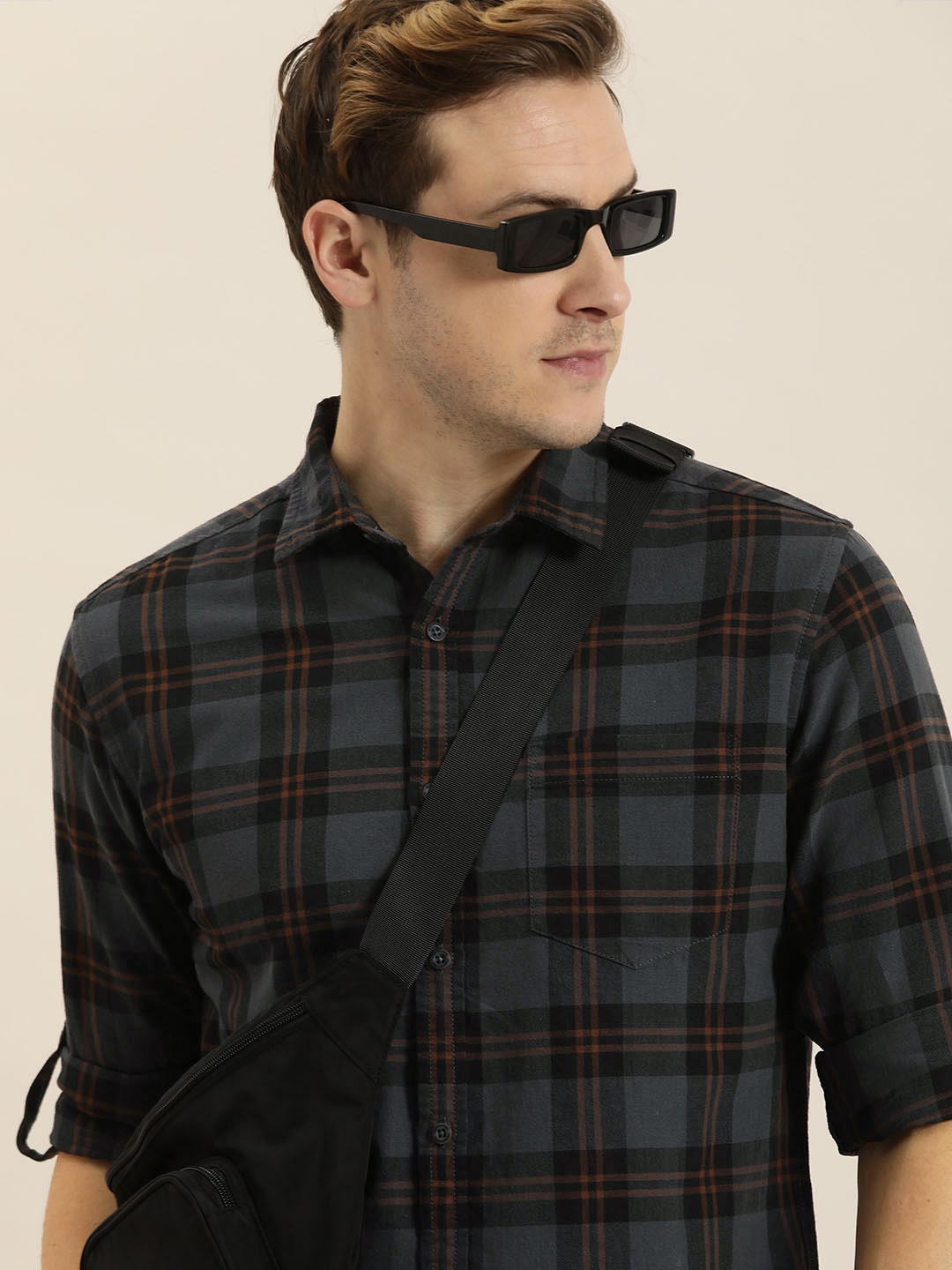 

Moda Rapido Men Pure Cotton Slim Fit Tartan Checks Casual Shirt, Grey