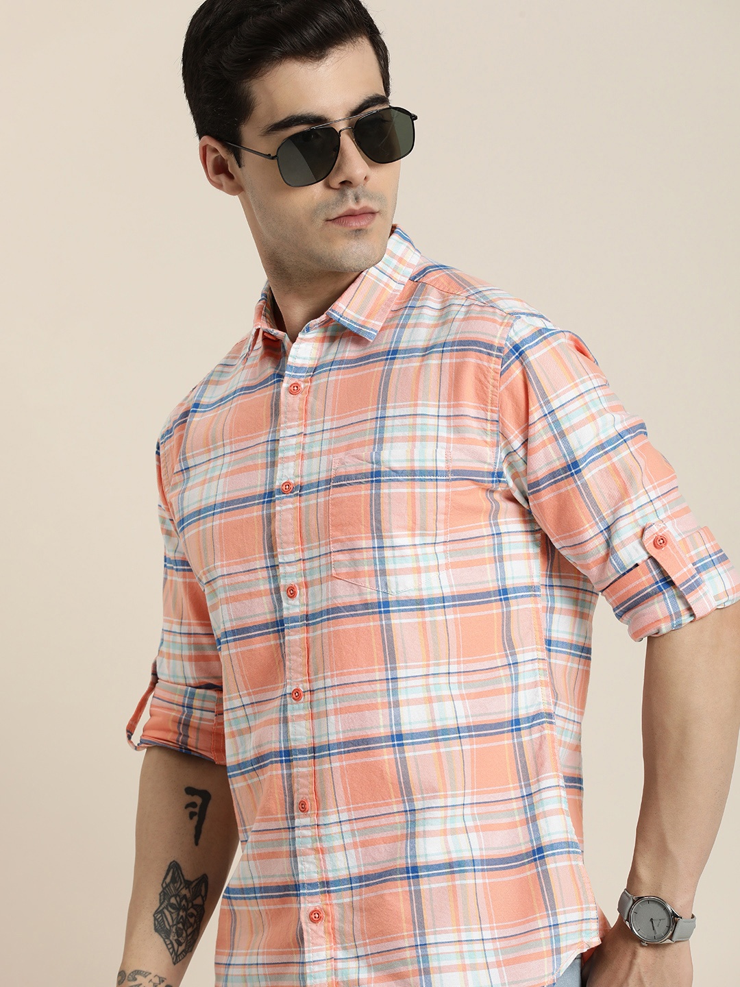 

Moda Rapido Men Pure Cotton Slim Fit Tartan Checked Opaque Casual Shirt, Peach