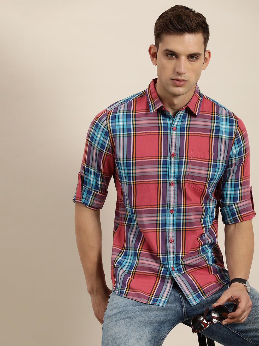 

Moda Rapido Men Pure Cotton Slim Fit Tartan Checks Opaque Casual Shirt, Blue