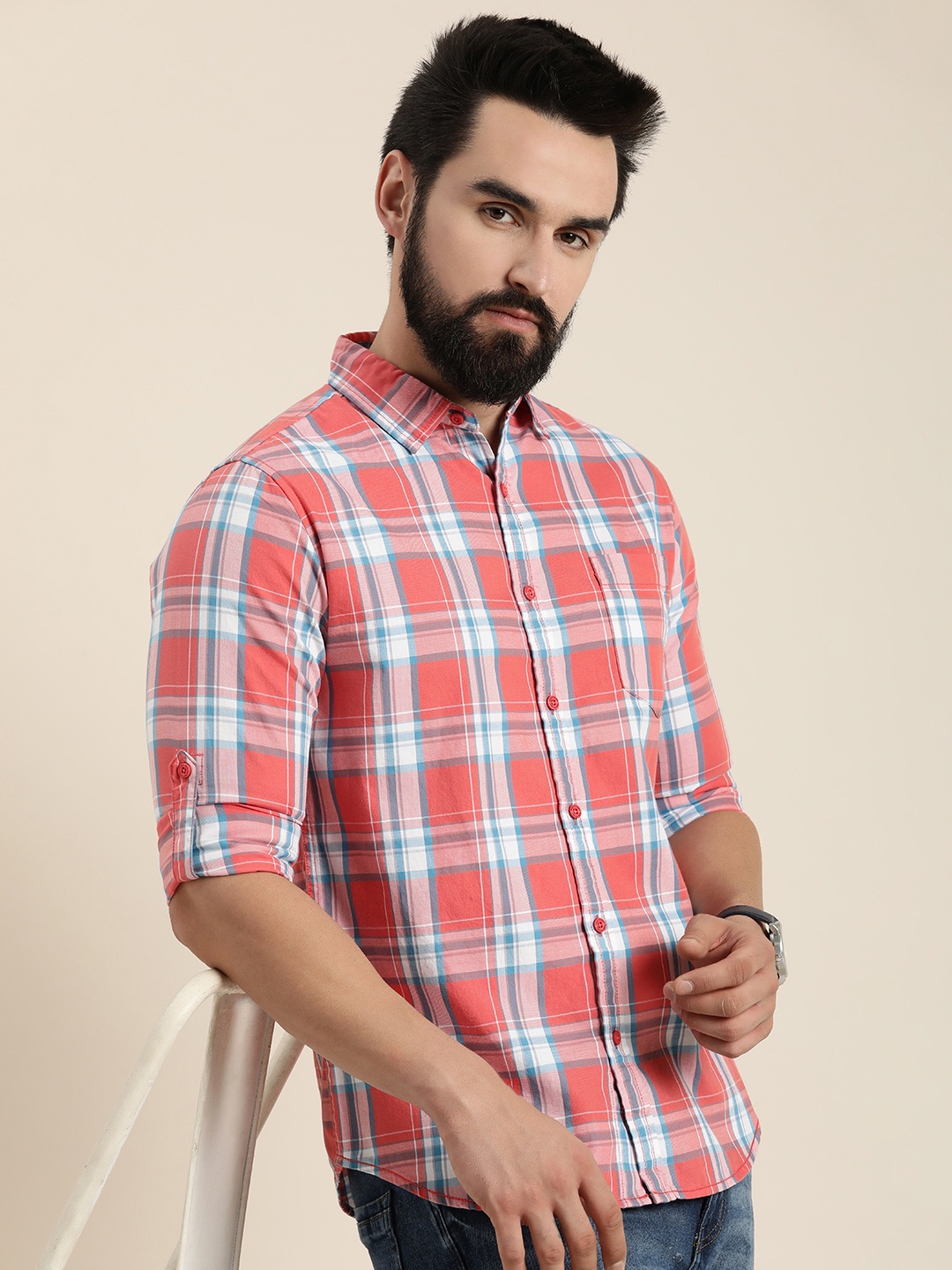 

Moda Rapido Men Pure Cotton Slim Fit Checked Casual Shirt, Coral