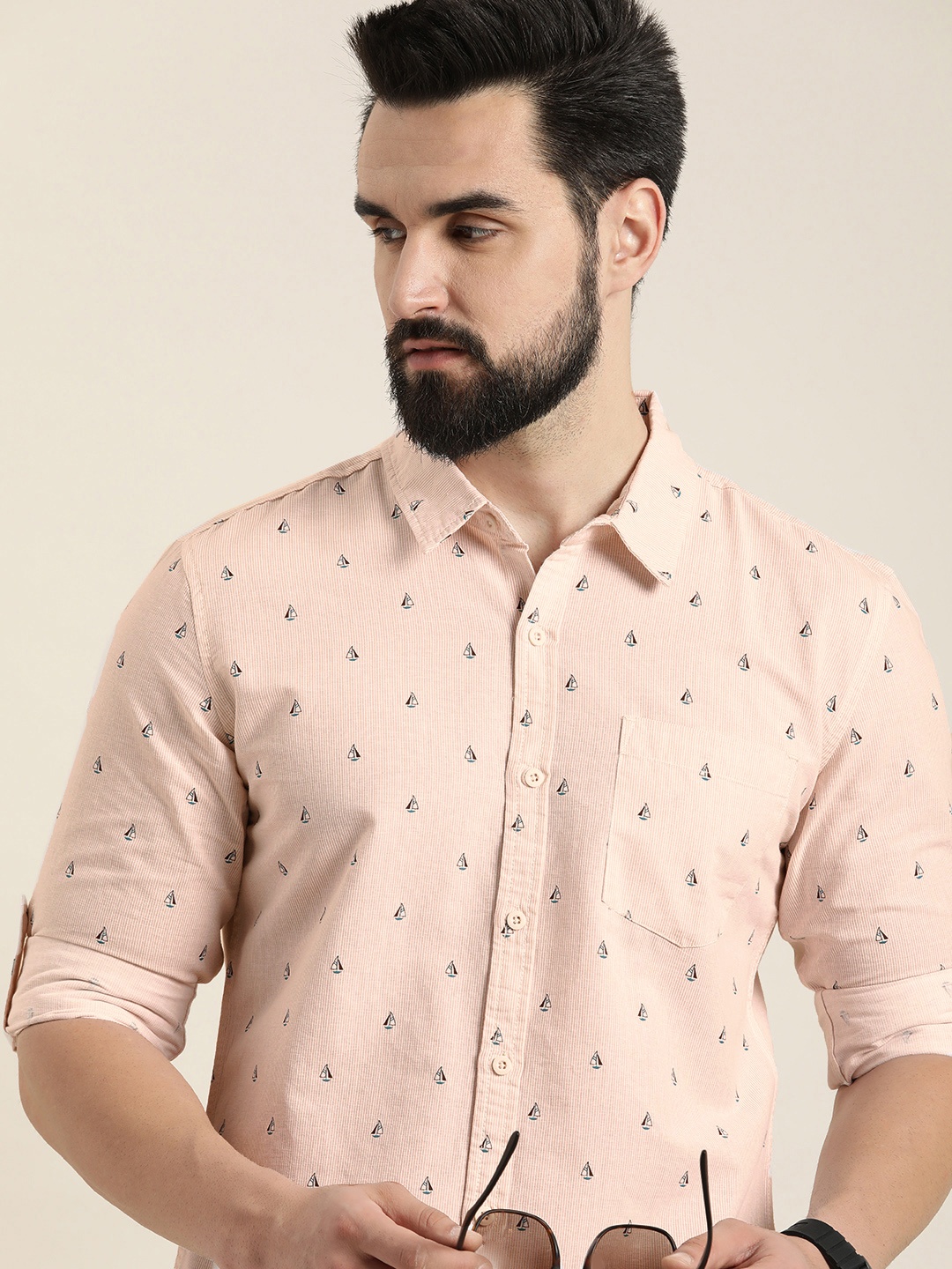 

Moda Rapido Men Pure Cotton Slim Fit Striped & Nautical Print Casual Shirt, Peach