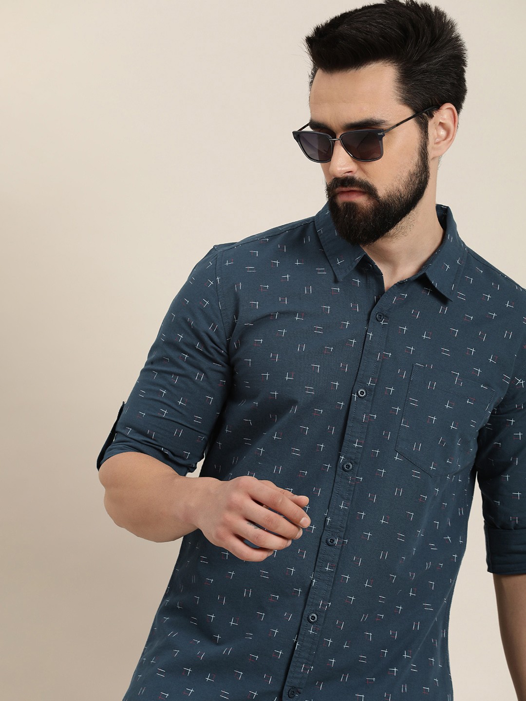 

Moda Rapido Slim Fit Geometric Printed Pure Cotton Casual Shirt, Navy blue