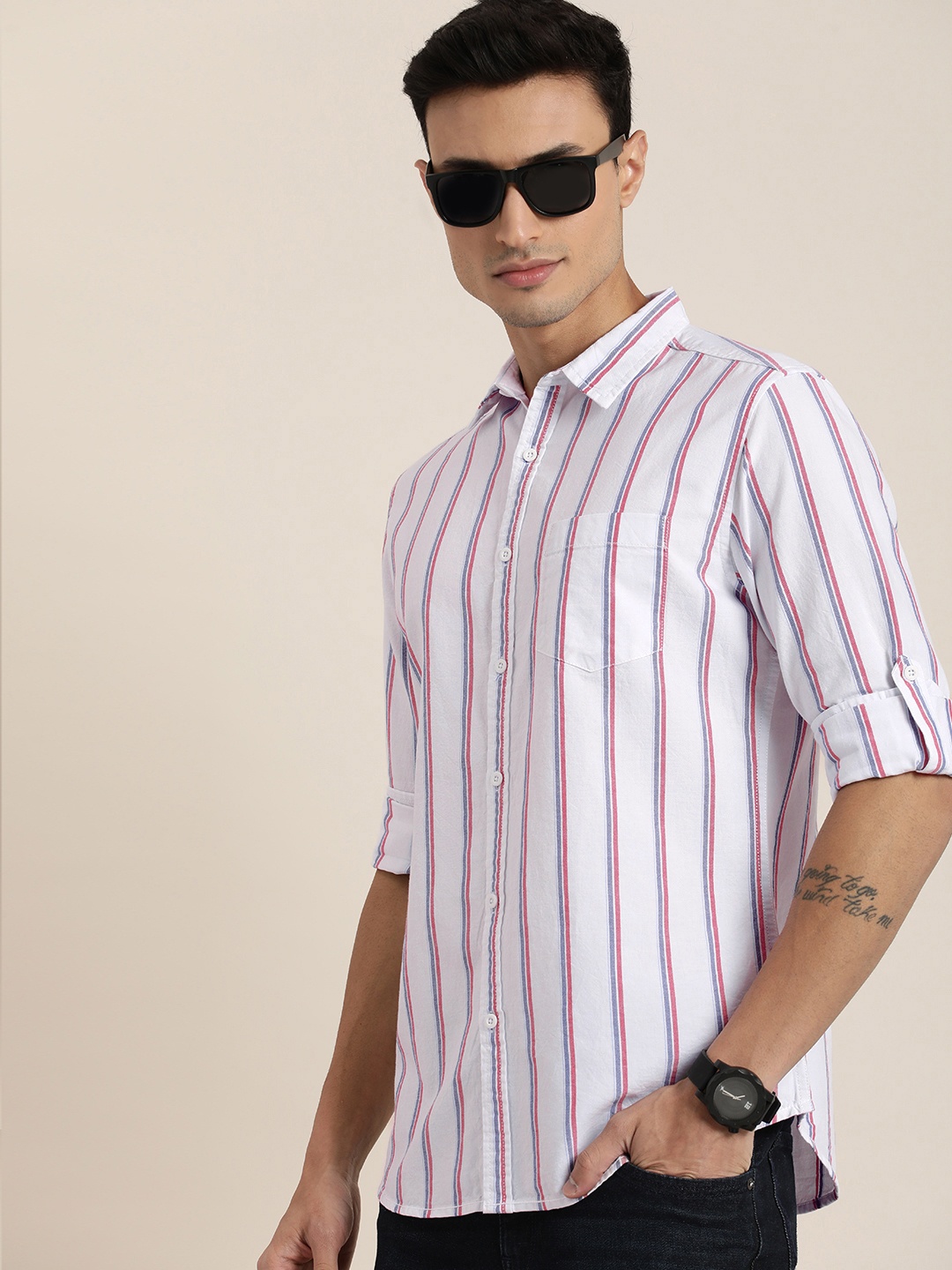 

Moda Rapido Men Pure Cotton Slim Fit Striped Casual Shirt, White