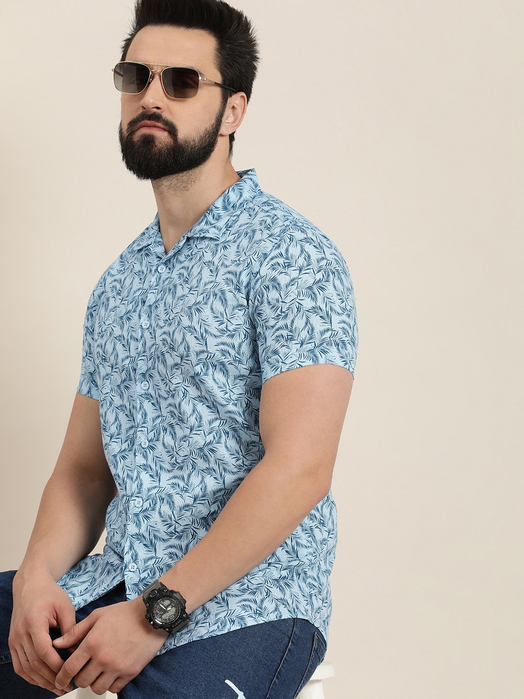 

Moda Rapido Slim Fit Tropical Printed Pure Cotton Casual Shirt, Blue