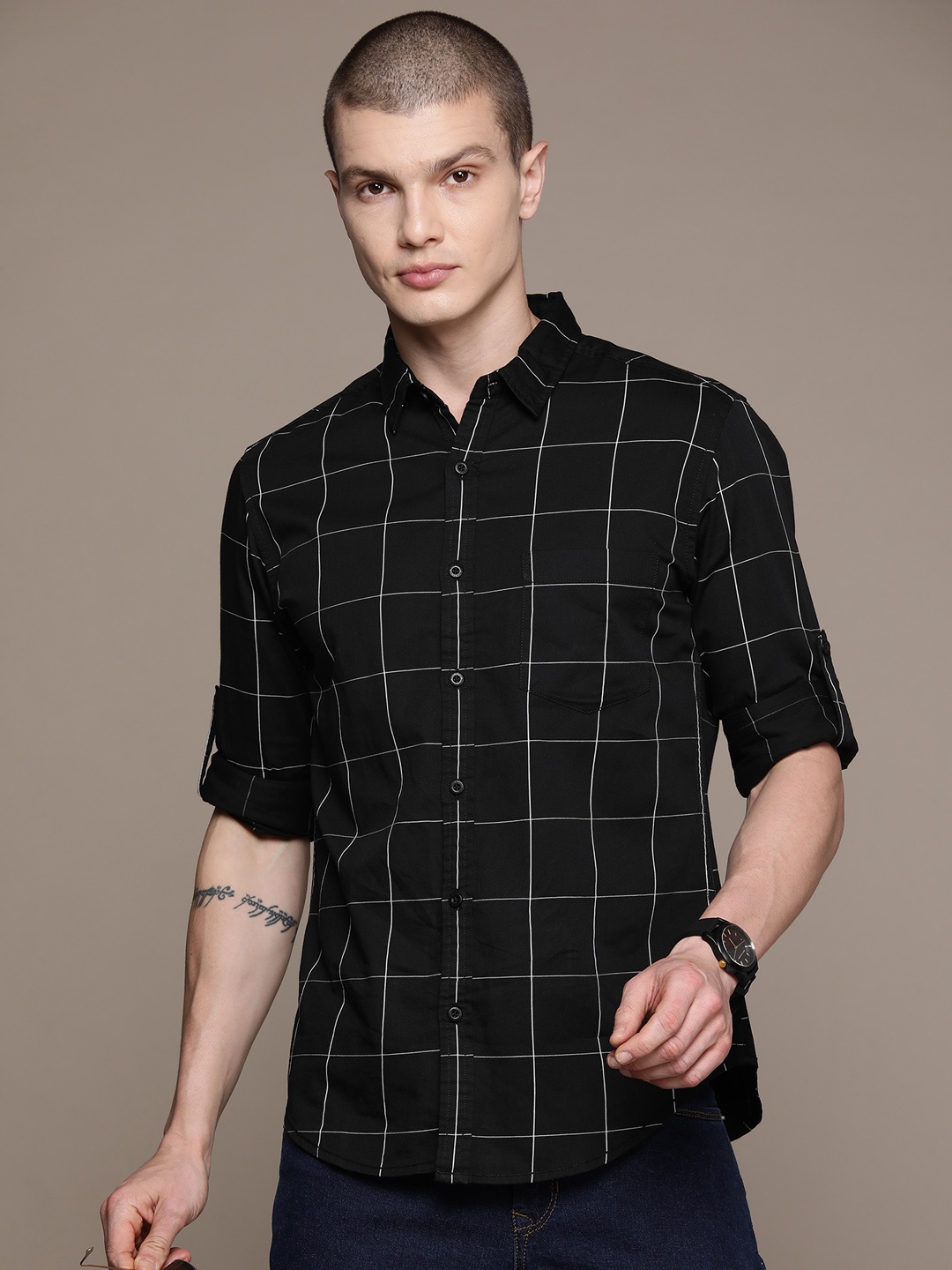 

Moda Rapido Pure Cotton Grid Tattersall Check Casual Shirt, Black