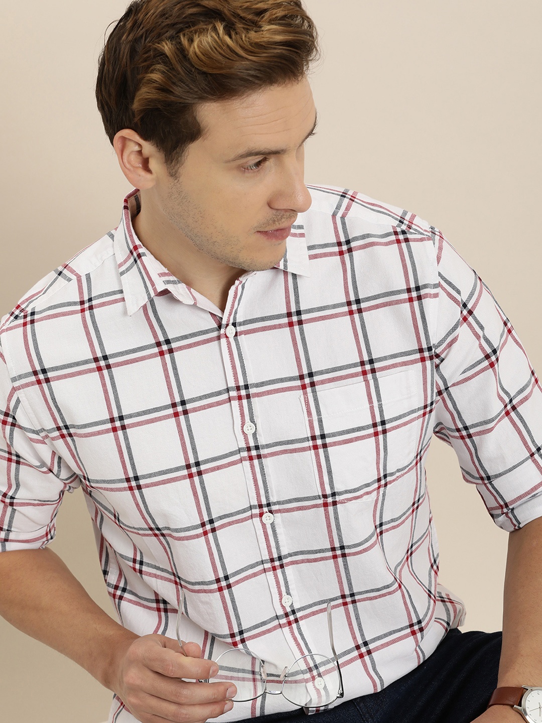 

Moda Rapido Men Pure Cotton Slim Fit Opaque Checked Casual Shirt, White