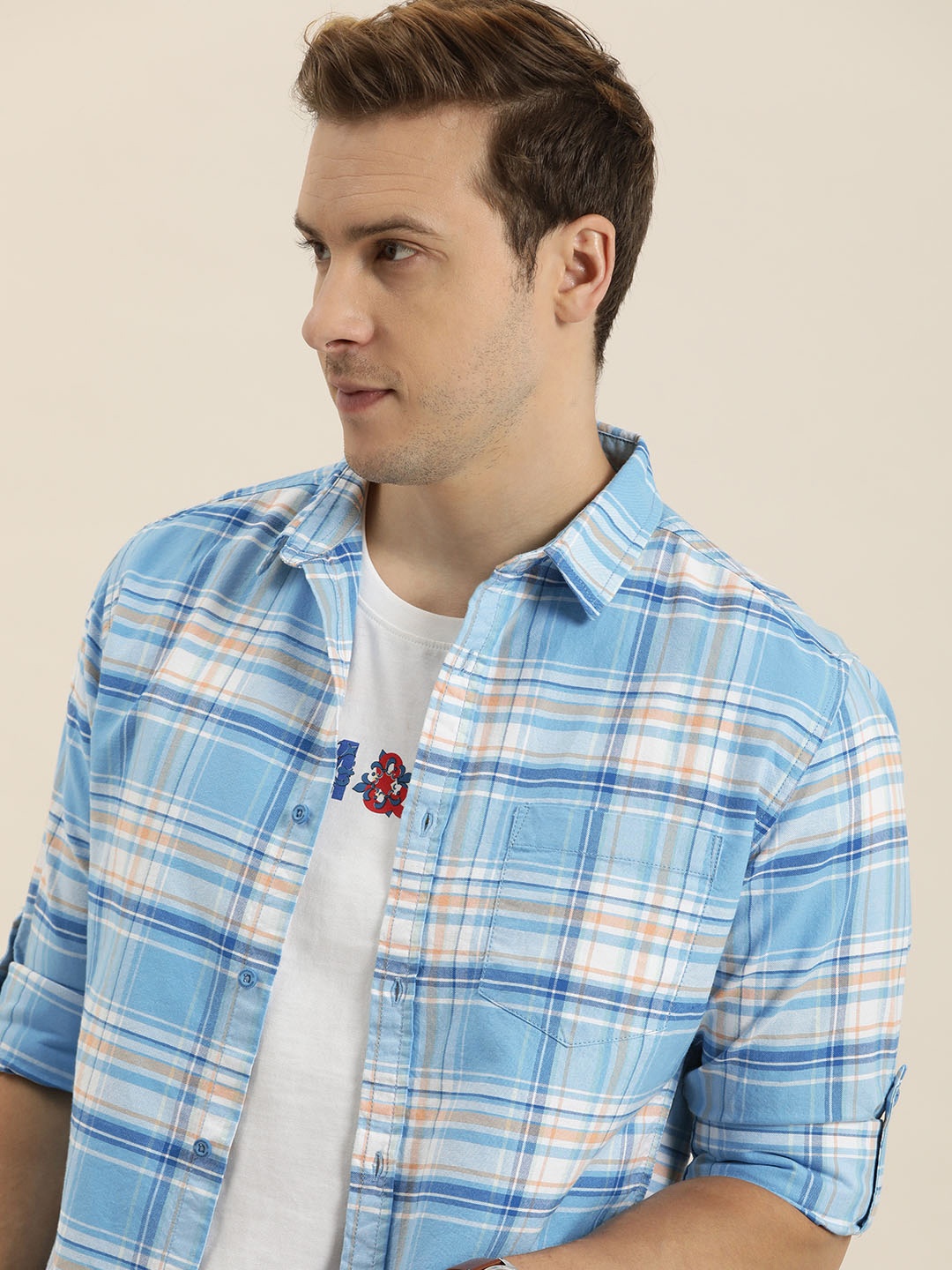 

Moda Rapido Men Pure Cotton Slim Fit Tartan Checks Casual Shirt, Blue