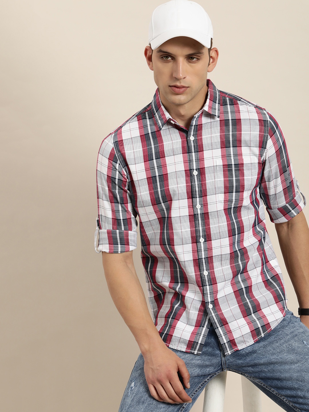 

Moda Rapido Men Pure Cotton Slim Fit Opaque Checked Casual Shirt, White