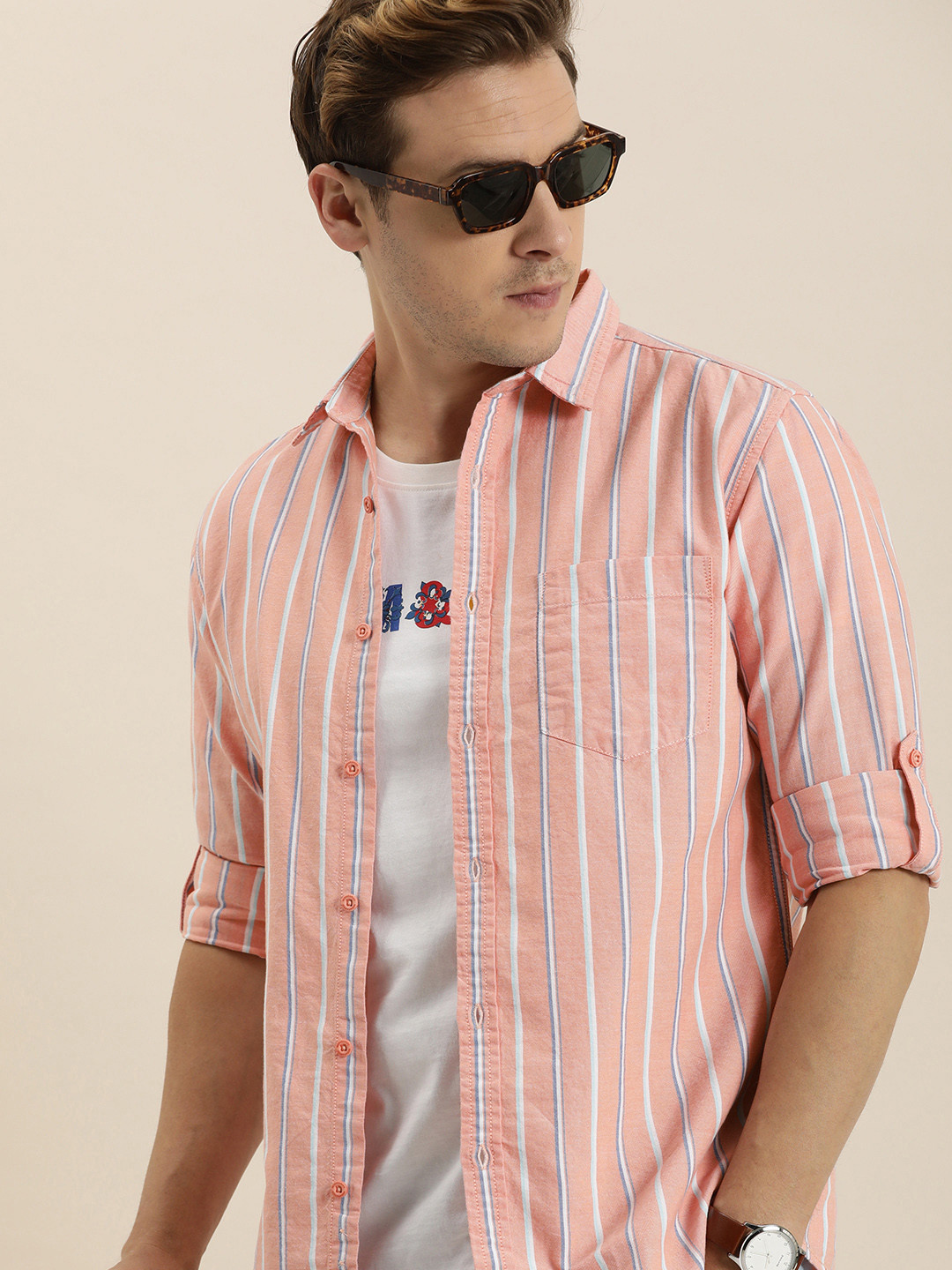 

Moda Rapido Men Pure Cotton Slim Fit Opaque Striped Casual Shirt, Peach