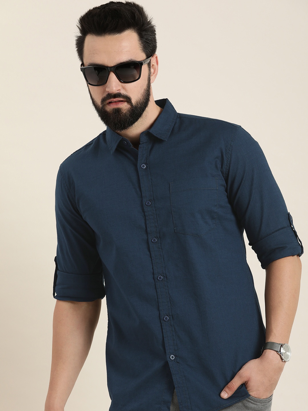 

Moda Rapido Slim Fit Pure Cotton Casual Shirt, Navy blue