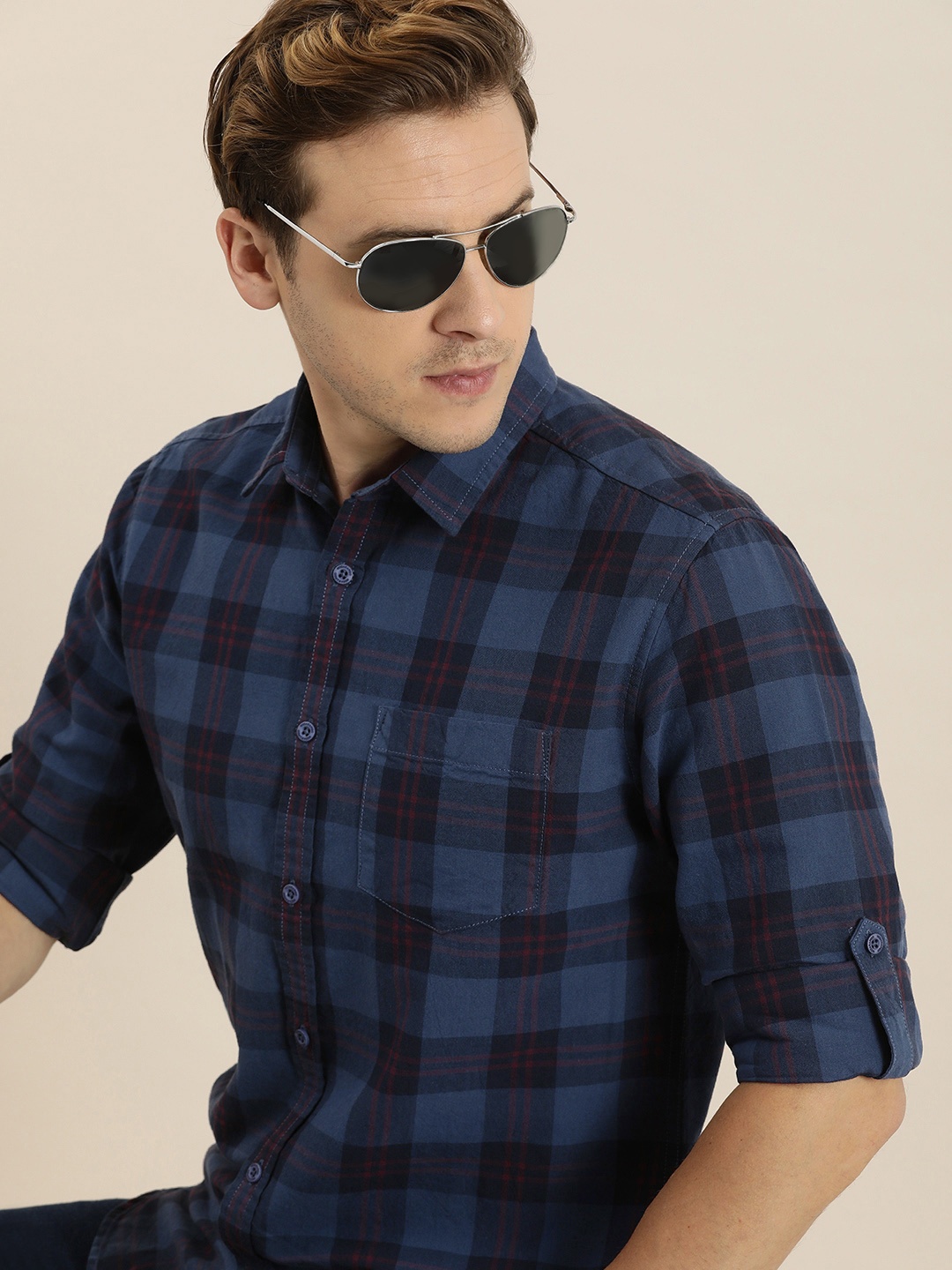 

Moda Rapido Men Pure Cotton Slim Fit Tartan Checked Opaque Casual Shirt, Navy blue