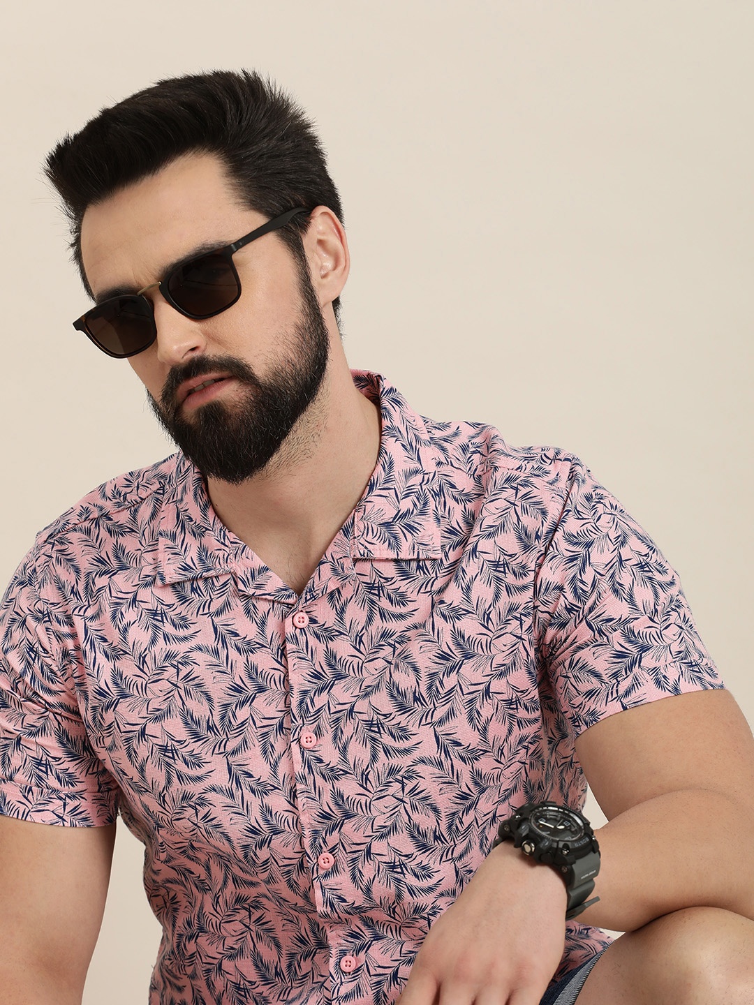 

Moda Rapido Slim Fit Tropical Printed Pure Cotton Casual Shirt, Pink