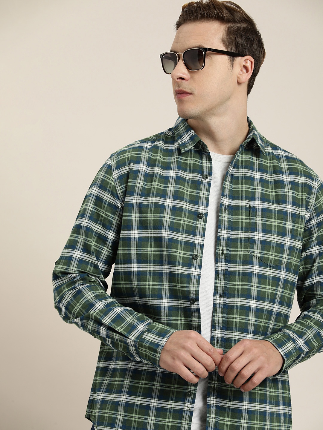 

Moda Rapido Men Pure Cotton Slim Fit Tartan Checks Casual Shirt, Green