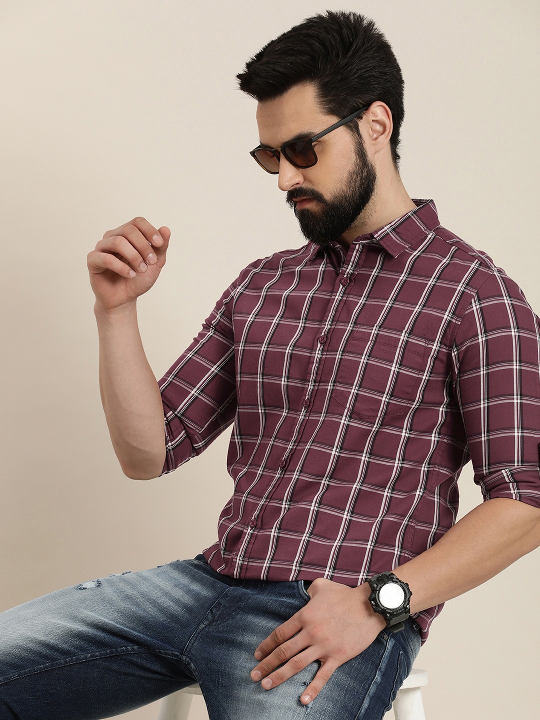 

Moda Rapido Slim Fit Pure Cotton Checked Casual Shirt, Maroon