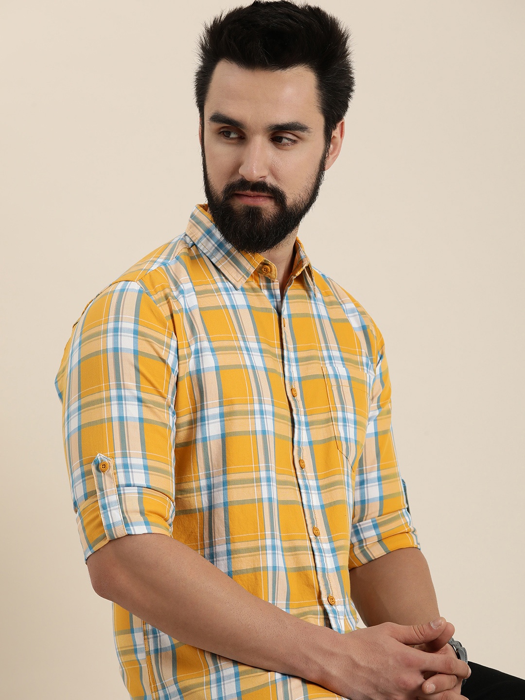 

Moda Rapido Men Pure Cotton Slim Fit Checked Casual Shirt, Yellow