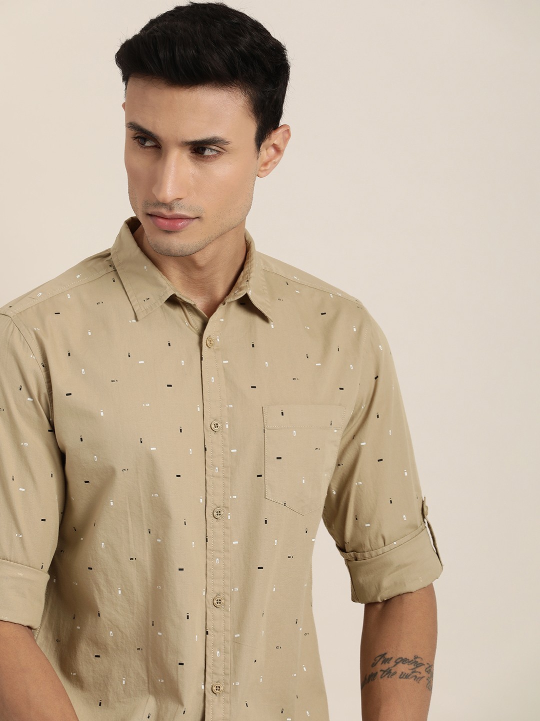 

Moda Rapido Men Pure Cotton Slim Fit Geometric Printed Casual Shirt, Beige