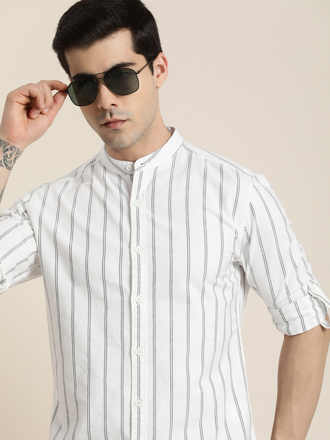 

Moda Rapido Men Pure Cotton Slim Fit Opaque Striped Casual Shirt, White