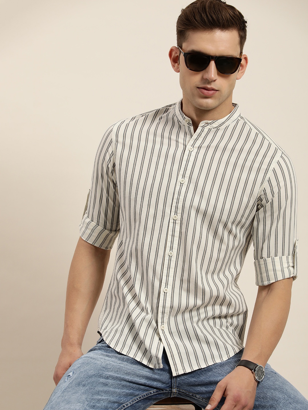 

Moda Rapido Men Pure Cotton Slim Fit Opaque Striped Casual Shirt, Off white