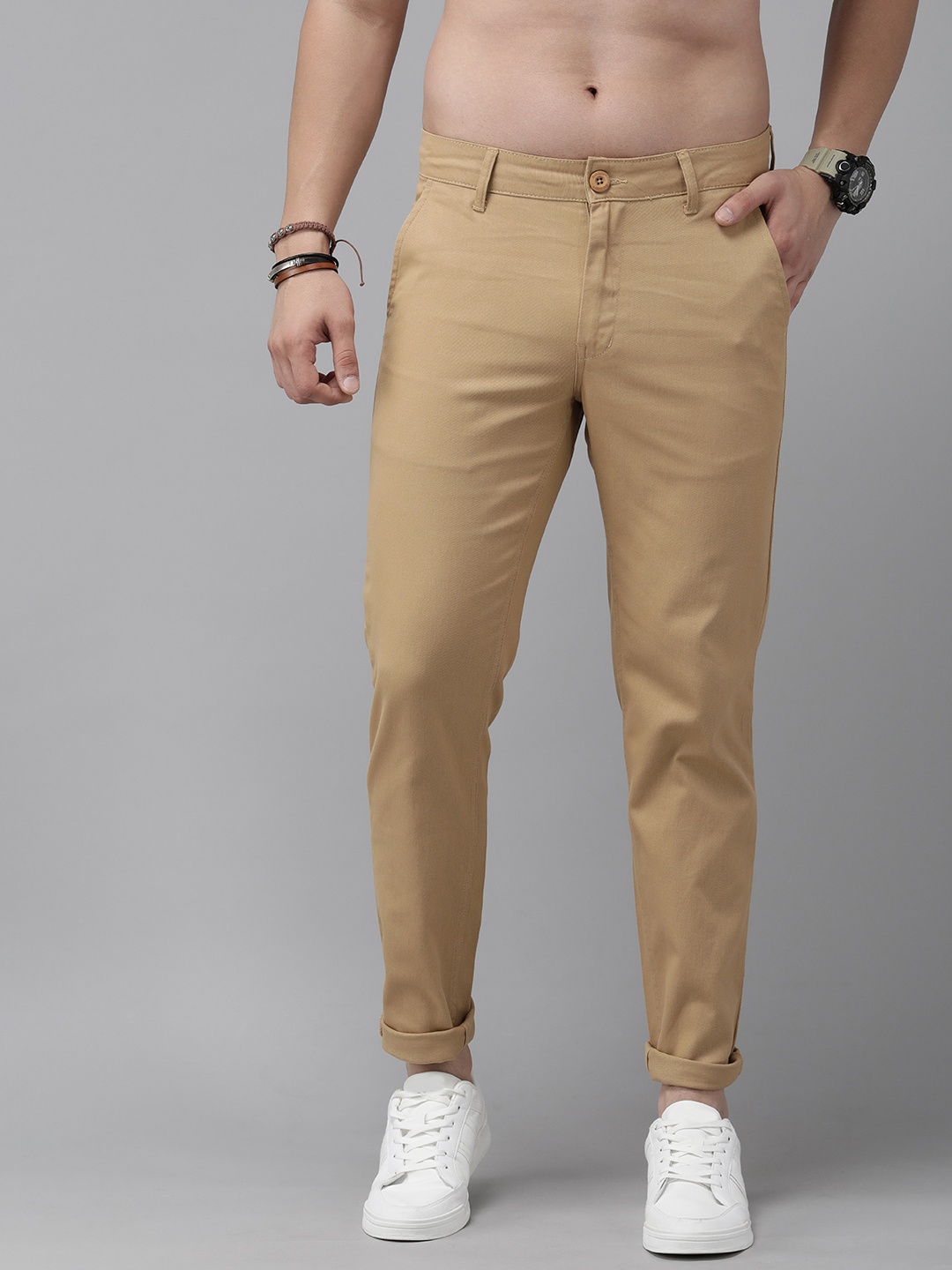 

The Roadster Life Co. Men Solid Mid-Rise Regular Trousers, Khaki