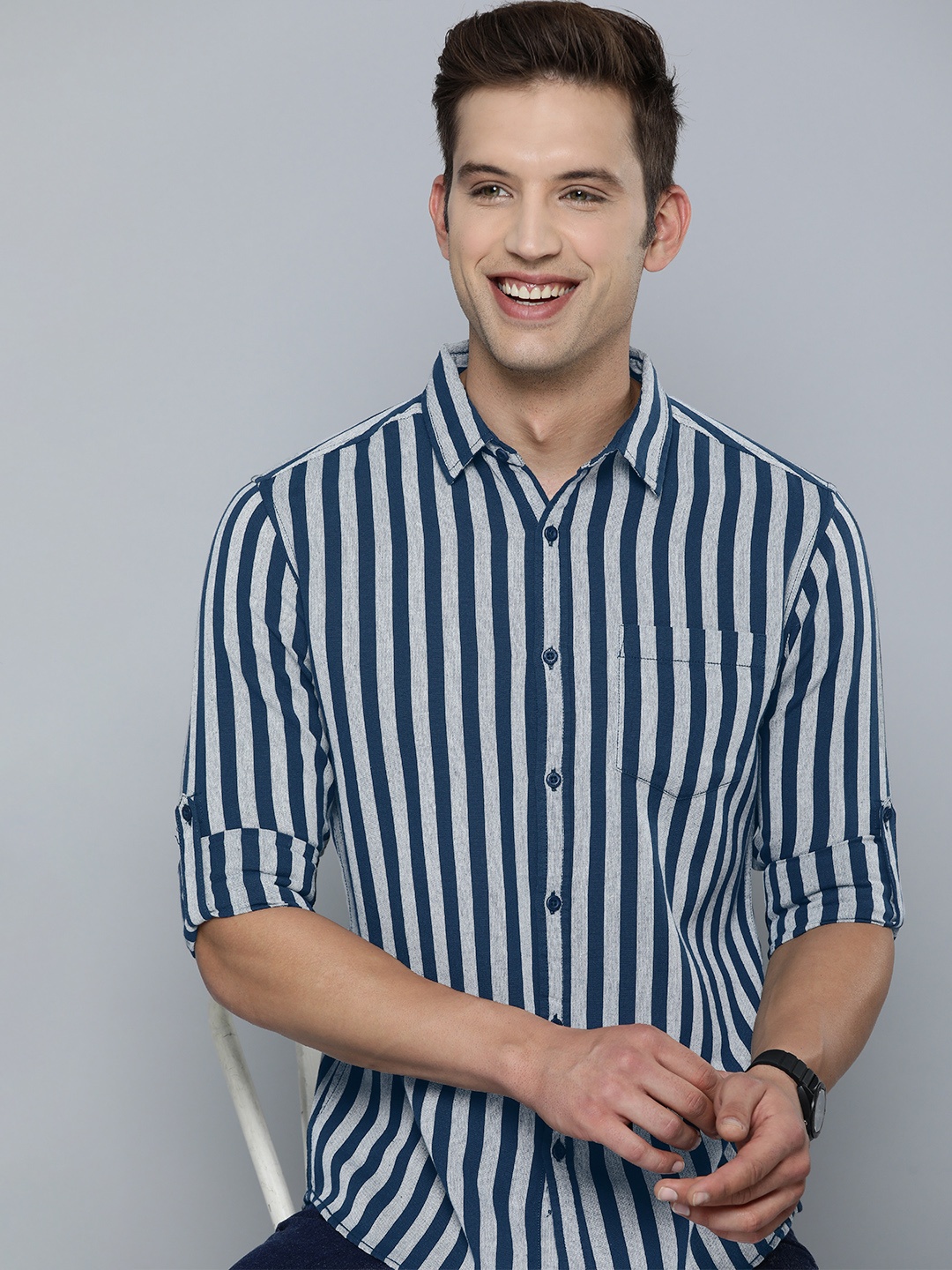 

HERE&NOW Men Pure Cotton Slim Fit Striped Spread Collar Casual Shirt, Teal