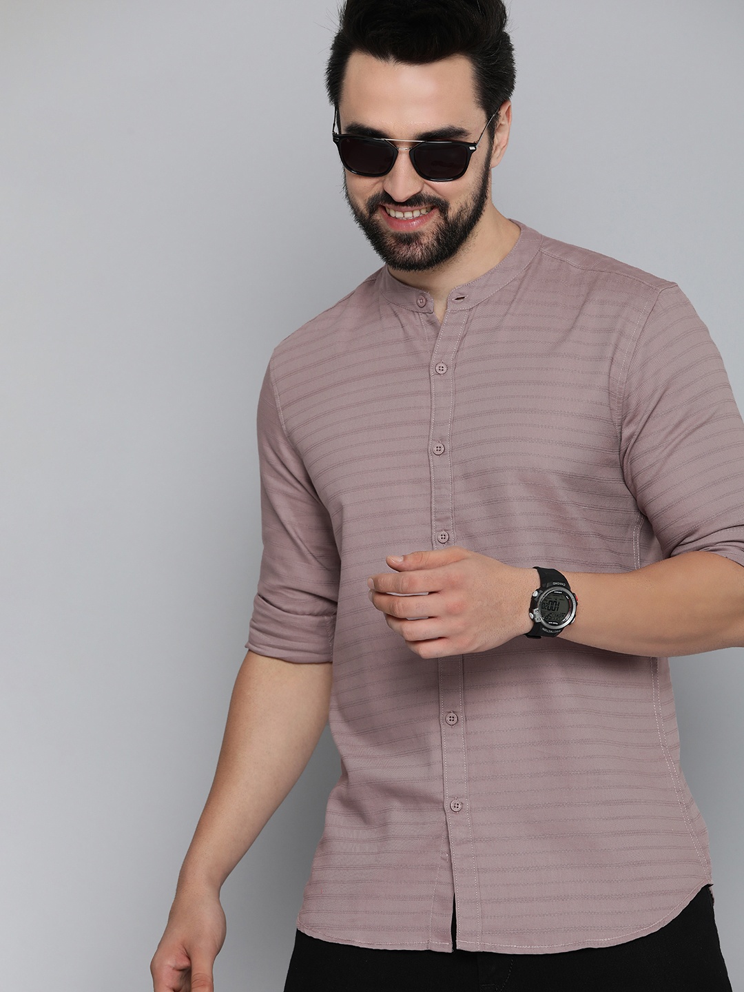 

HERE&NOW Slim Fit Self-Striped Pure Cotton Casual Shirt, Mauve