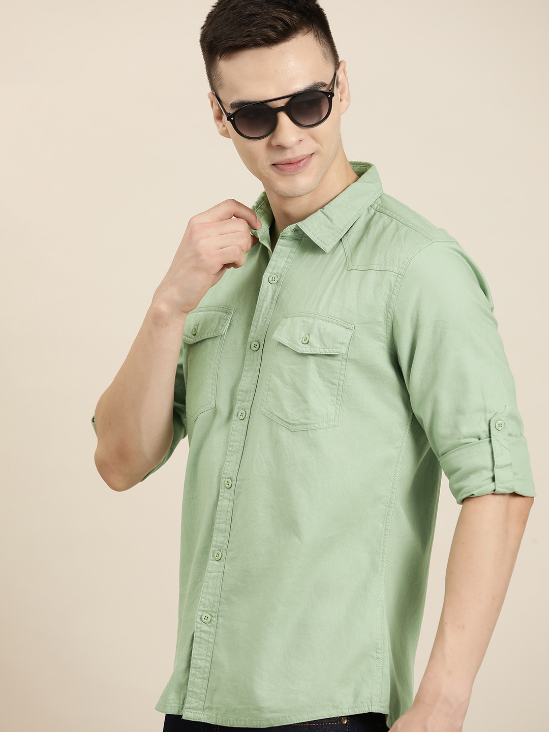 

HERE&NOW Men Slim Fit Pure Cotton Casual Shirt, Green