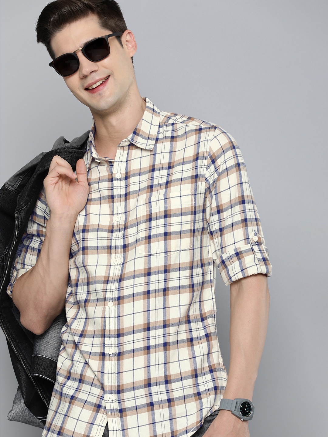 

HERE&NOW Pure Cotton Slim Fit Tartan Checked Casual Shirt, Beige