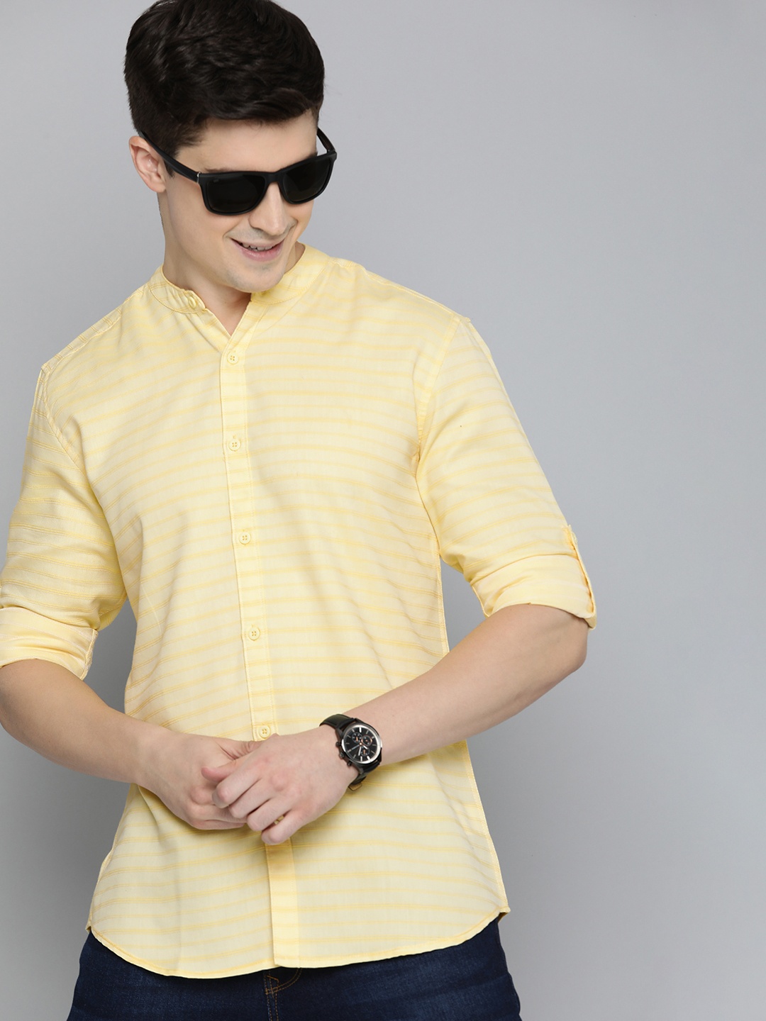 

HERE&NOW Slim Fit Self-Striped Pure Cotton Casual Shirt, Yellow