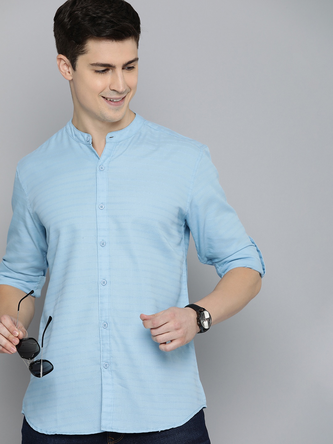 

HERE&NOW Slim Fit Self-Striped Pure Cotton Casual Shirt, Blue