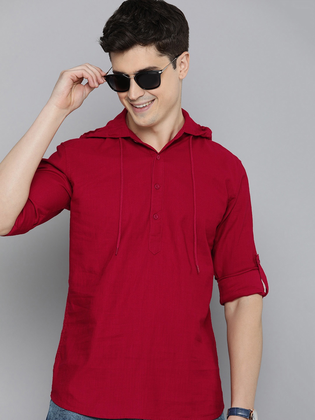 

HERE&NOW Pure Cotton Slim Fit Hooded Casual Shirt, Red