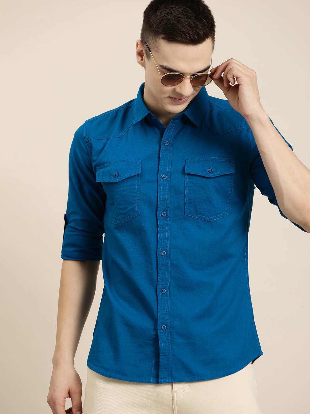 

HERE&NOW Men Slim Fit Pure Cotton Casual Shirt, Teal