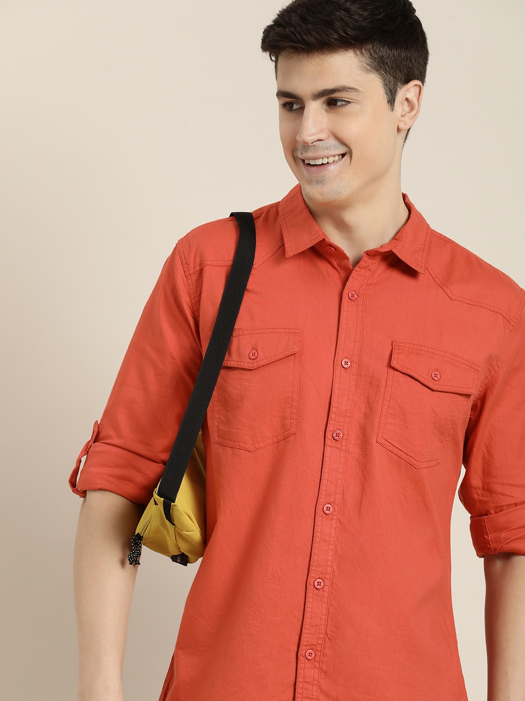 

HERE&NOW Men Pure Cotton Slim Fit Solid Casual Shirt, Rust