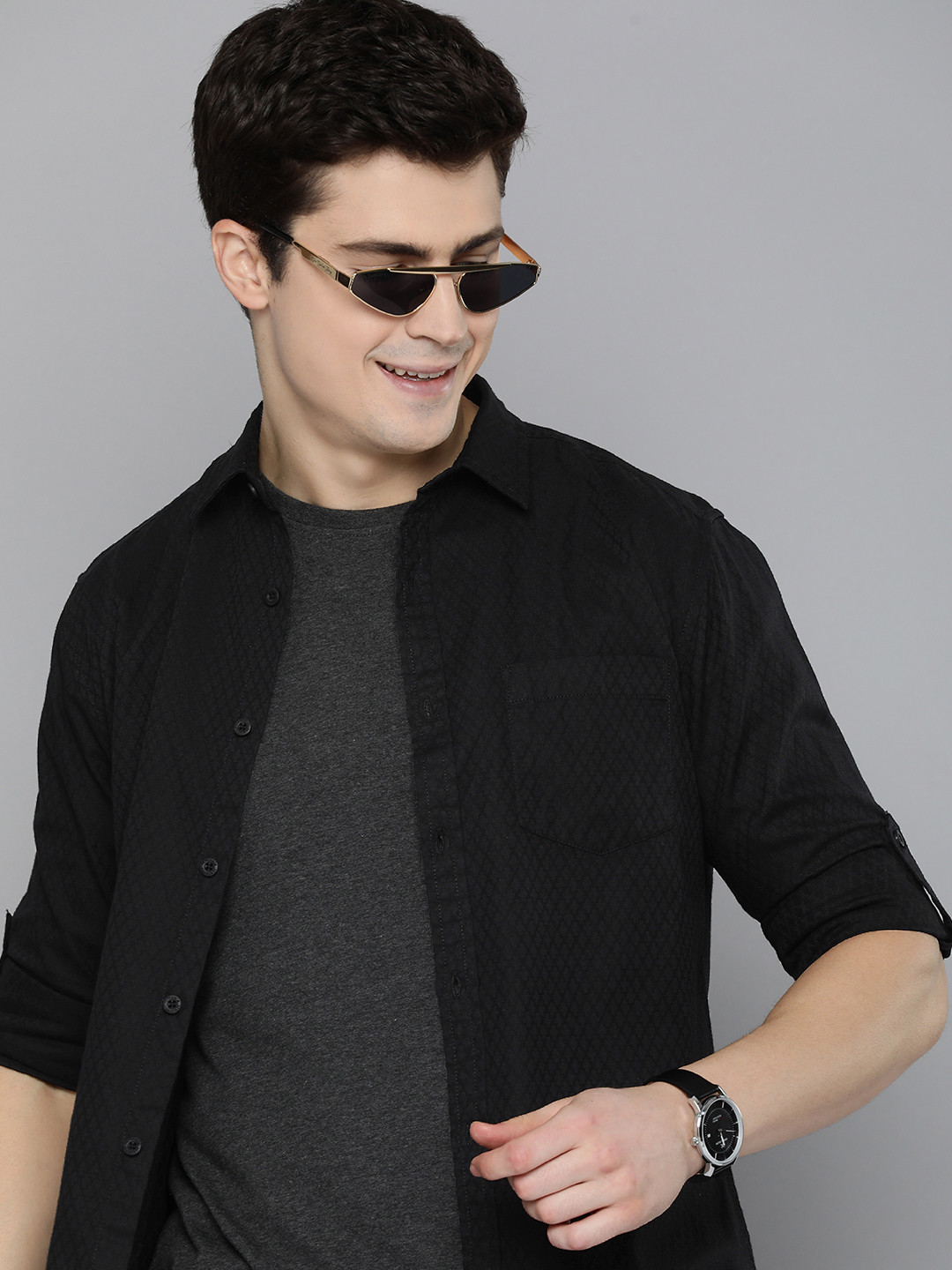 

HERE&NOW Men Pure Cotton Slim Fit Opaque Casual Shirt, Black